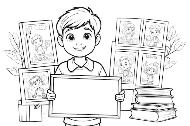 Photo boy hold board hand drawn for coloring book education concept vector illustration
