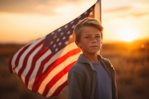 夕暮れ時にアメリカの国旗を持つ少年