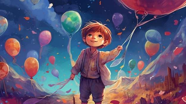 A boy holding balloons in the sky