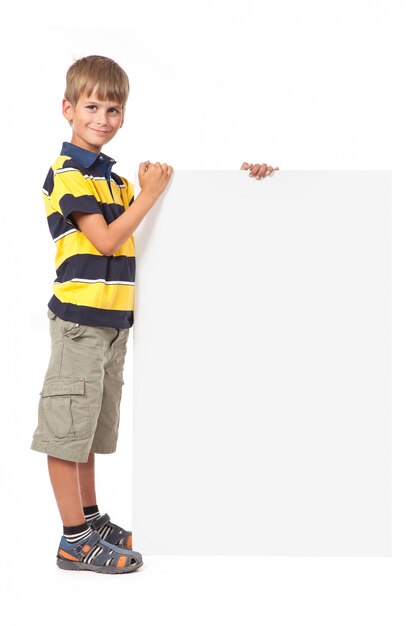 Boy holding a banner on a white background