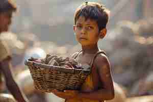 Photo a boy holding a basket with eggs in it