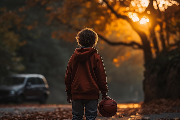 Boy Holding Basketball in Autumnal Equinox Sport Generative AI