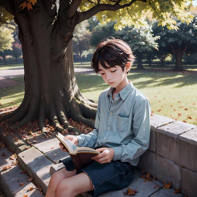 a boy holding a book sitting under a big oak tree in the school yard