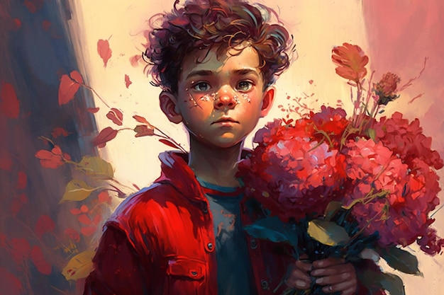 A boy holding a bouquet of flowers in front of a sunset.