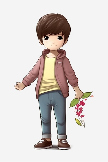 A boy holding a bouquet of flowers and a pink jacket