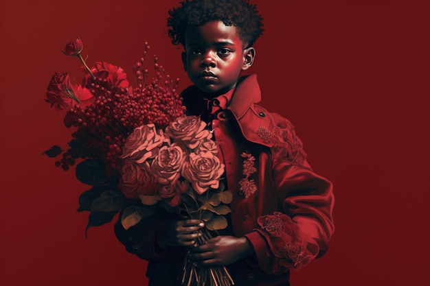 A boy holding a bouquet of roses in a red background.