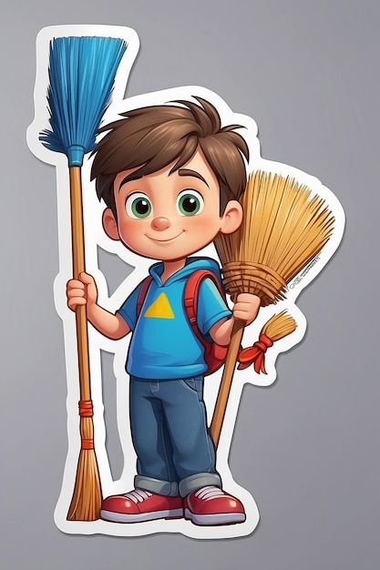 Photo boy holding broom cartoon character sticker