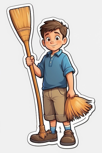 Photo boy holding broom cartoon character sticker