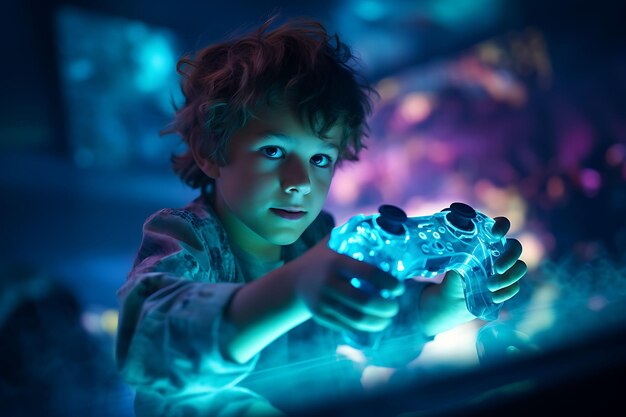 A boy holding a game controller competitive and hunched forw digital native gen alpha generation