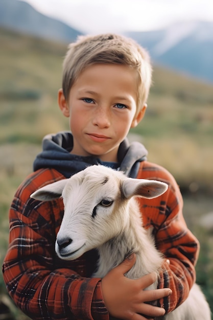 Foto un ragazzo che tiene una capra in un campo