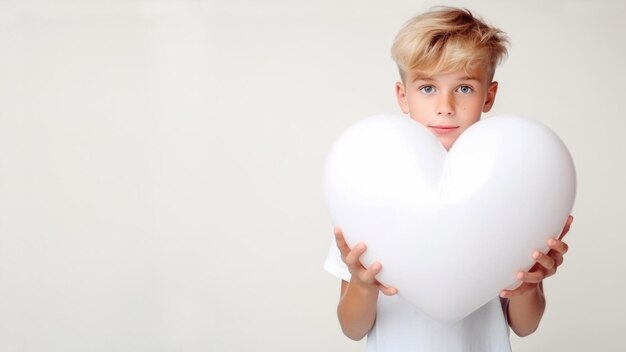 Foto ragazzo che tiene un palloncino a forma di cuore su uno sfondo bianco isolato su bianco