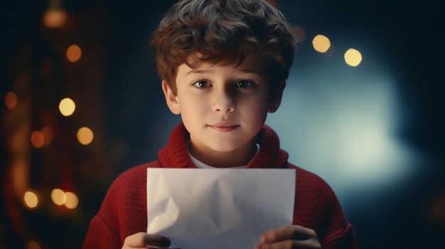 A boy holding a letter for Santa Claus
