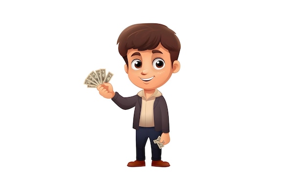 A boy holding money in the hand isolated on white background