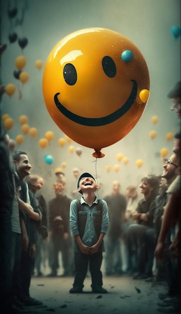 A boy holding a smiley face balloon above his head