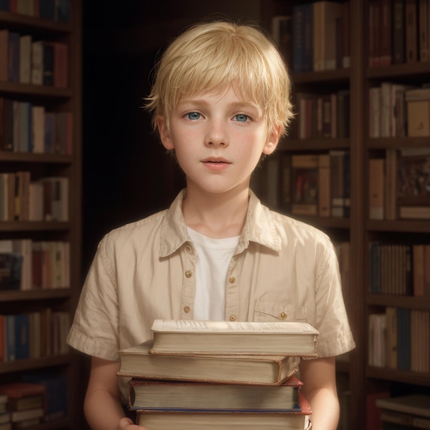 мальчик, держащий стопку книг с одним из них, держащим стопку книжек.