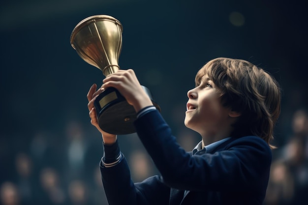 A boy holding a trophy in his hands The concept of success and victory Generative AI