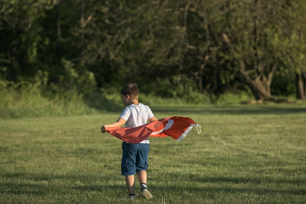 Boy holding Turkey flag Kid hand waving Turkish flag view from back copy space for text