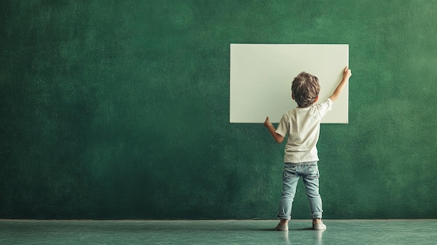 その上に文字が書かれていない白い板を握っている少年