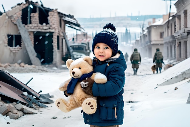 사진 소년 은 파괴 된 도시 를 배경 으로 손 에 테디 베어 를 들고 있다