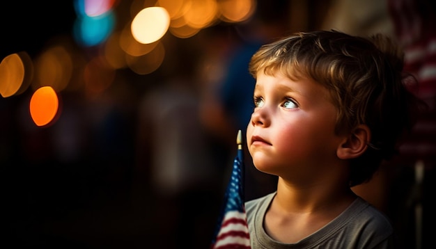 A boy holds a american flag in front of a lit up window.