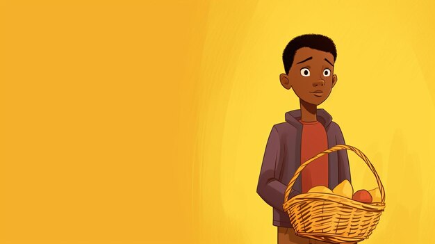 A boy holds a basket of eggs in front of a yellow background.