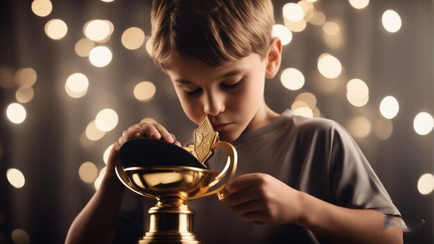 a boy holds a coin that says gold on it