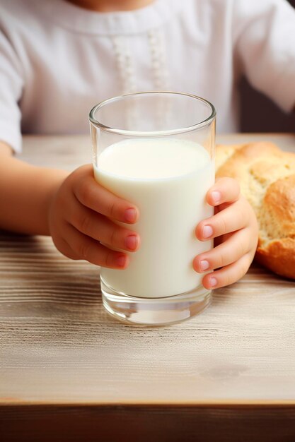 その少年は手に牛乳のグラスを握っています