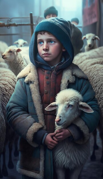 A boy holds a goat in a field with generated ai