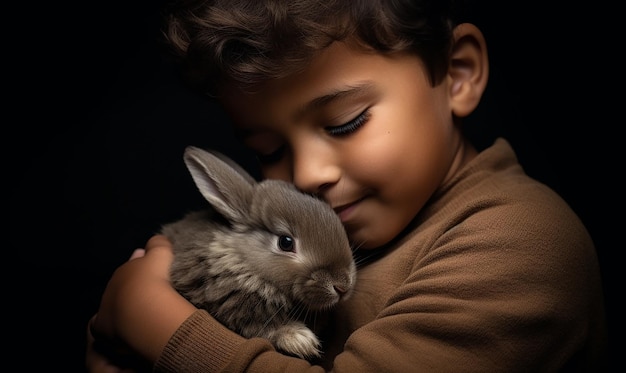 Photo a boy holds a rabbit in his arms