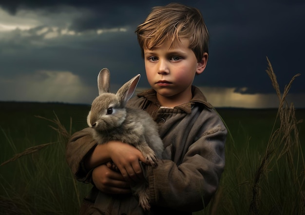 A boy holds a rabbit in his hands