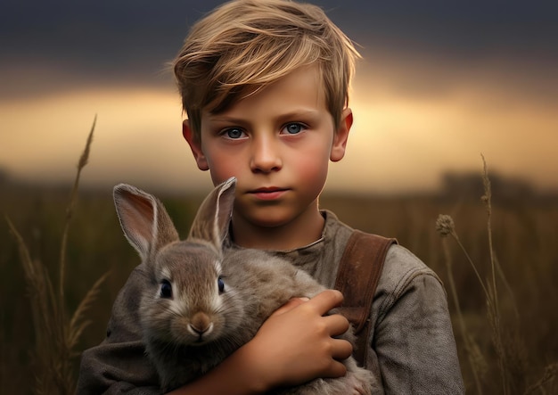 A boy holds a rabbit in his hands