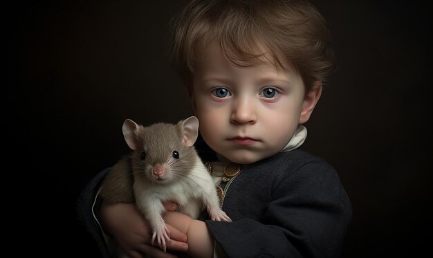 Photo a boy holds a rat in his hands