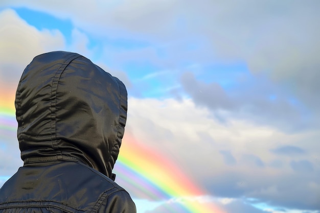 Foto ragazzo con la giacca a cappuccio che si meraviglia dell'arcobaleno