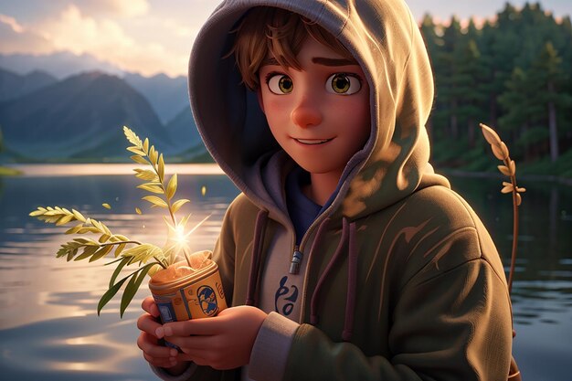 Photo boy in hoodie by the lake with a reed in his hands