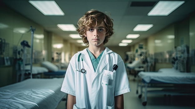 A boy in a hospital room dressed in a doctor39s uniform