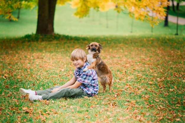 犬を抱き締めて、秋の都市公園でプライアする少年