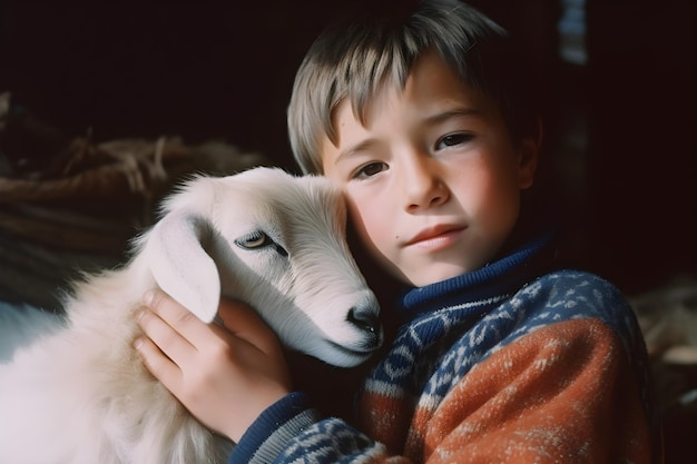 Photo a boy hugging a goat with the word goat on it