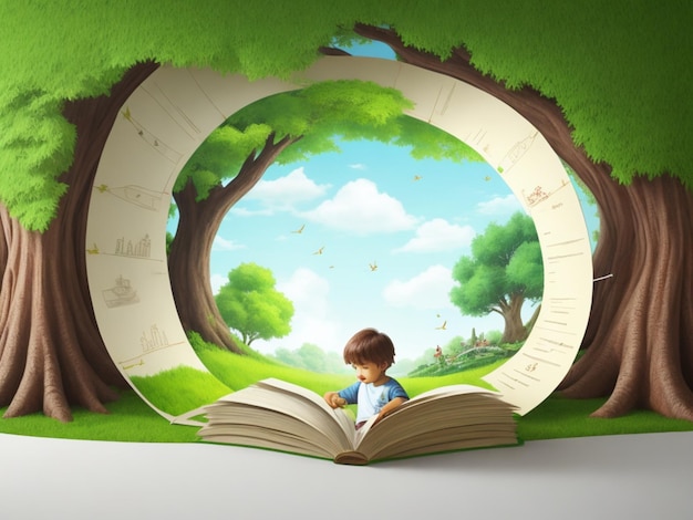 A boy immersed in reading surrounded by a dense forest