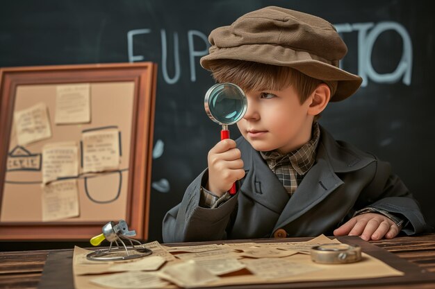 Фото Мальчик в детективном наряде с увеличительным стеклом возле доски с подсказками