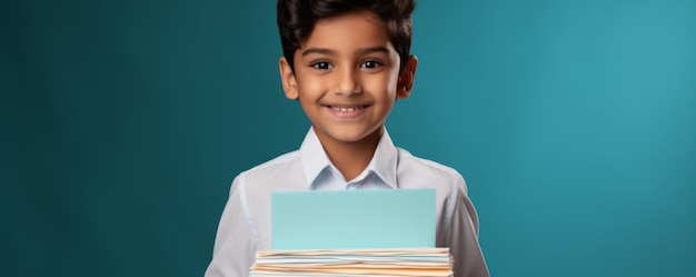 Photo boy of indian ethnicity holding books in his hands