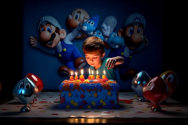 Photo a boy is blowing out the candles on a birthday cake.