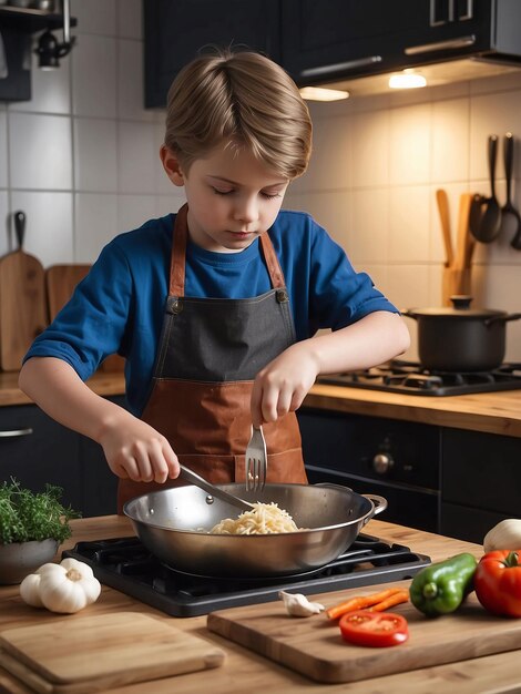 Photo a boy is cooking in the kitchen