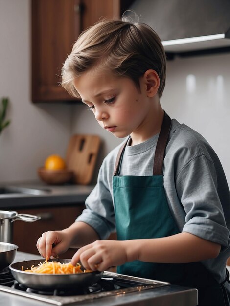 Photo a boy is cooking in the kitchen