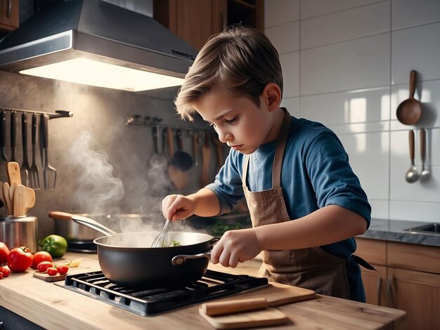 A boy is cooking in the kitchen