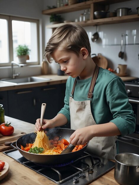 Photo a boy is cooking in the kitchen