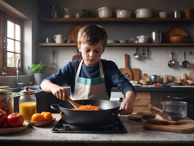 Photo a boy is cooking in the kitchen