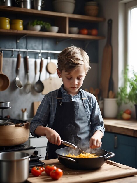 Photo a boy is cooking in the kitchen