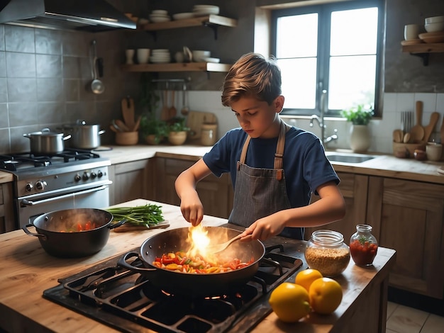 A boy is cooking in the kitchen