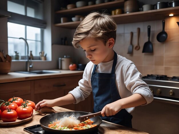 Photo a boy is cooking in the kitchen