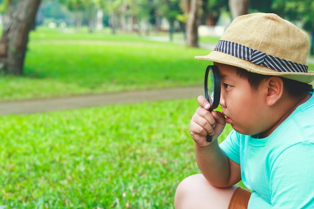 その少年は好奇心が強い。虫眼鏡を使って木を見てください。授業時間内